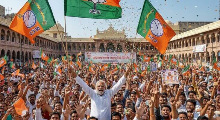 Mahayuti leaders and workers celebrate victory in Maharashtra local body elections 2025.