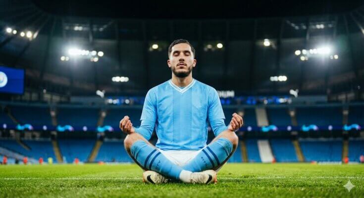Rayan Cherki performs the meditative lotus celebration after scoring for Manchester City against Brentford in the Carabao Cup