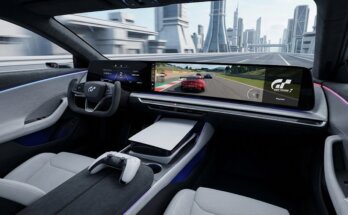 Sony AFEELA electric car interior showing PlayStation 5 Remote Play gaming on the dashboard display, December 2025