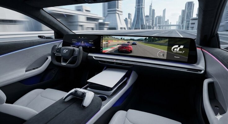 Sony AFEELA electric car interior showing PlayStation 5 Remote Play gaming on the dashboard display, December 2025