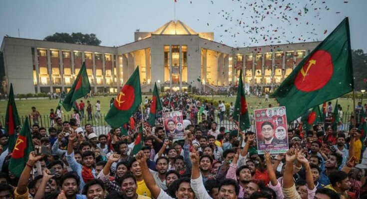 “BNP supporters celebrating election victory in Dhaka after Tarique Rahman’s 20-year political return”