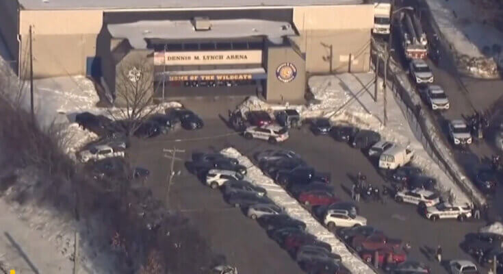 Police and emergency responders at the scene of the Dennis M. Lynch Arena shooting in Pawtucket, Rhode Island, following a domestic violence incident at a high school hockey game.